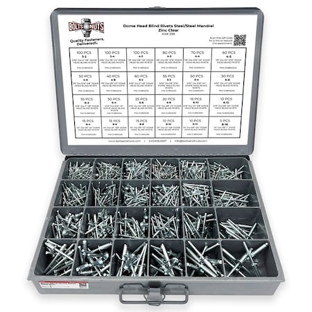 Boltsandnuts.Com Dome Head Blind Pop Rivets Steel/Steel Mandrel Zinc Clear Assortment - 1001PCS Assortment Kit #298
